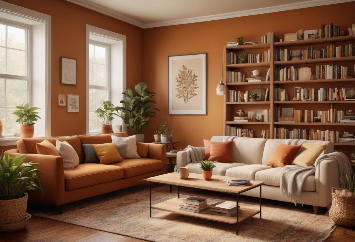 A cozy, inviting discussion space featuring people of diverse backgrounds engaged in conversation, surrounded by books on lifestyle and relationship topics. A warm color palette with soft lighting creates an intimate atmosphere. Visual elements like coffee cups, notebooks, and plant decor enhance the comfort of the scene. super-realistic. warm tones. inviting ambiance.