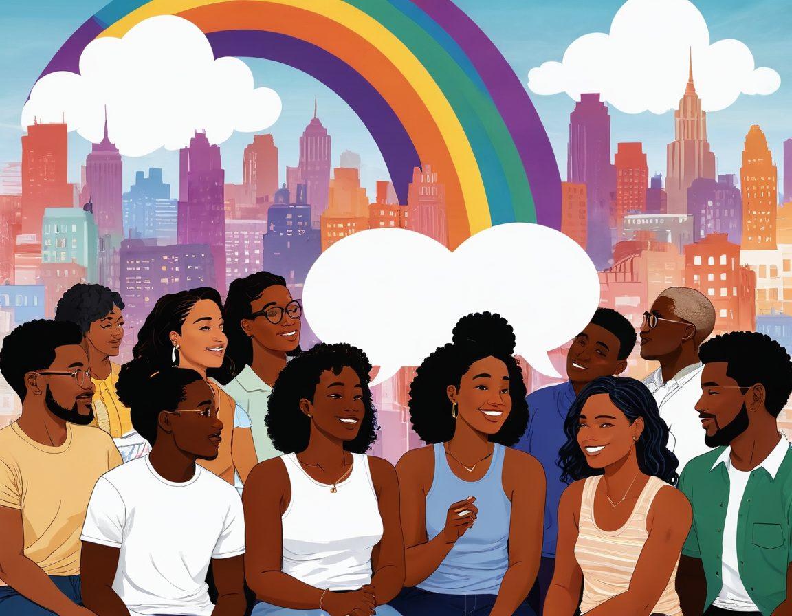 A vibrant scene showcasing diverse individuals engaged in animated discussions, representing various sexualities and lifestyles, set against a colorful city backdrop. Include speech bubbles filled with empowering words and symbols of inclusivity, like rainbows and hearts. The setting should feel open and inviting, encouraging dialogue. Use warm, inviting tones to evoke a sense of comfort and acceptance. super-realistic. vibrant colors. white background.